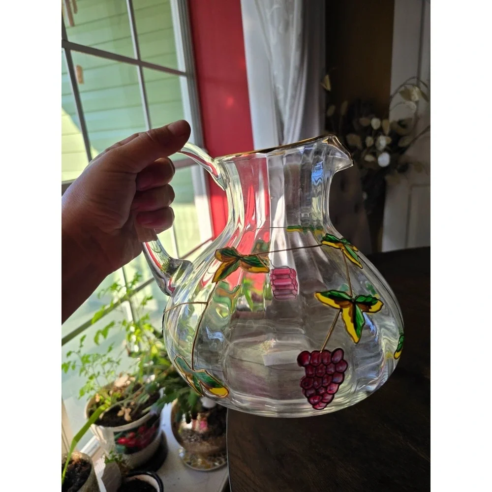 Hand-Painted Glass Pitcher With Grapes & Leaves Design made in Romania
